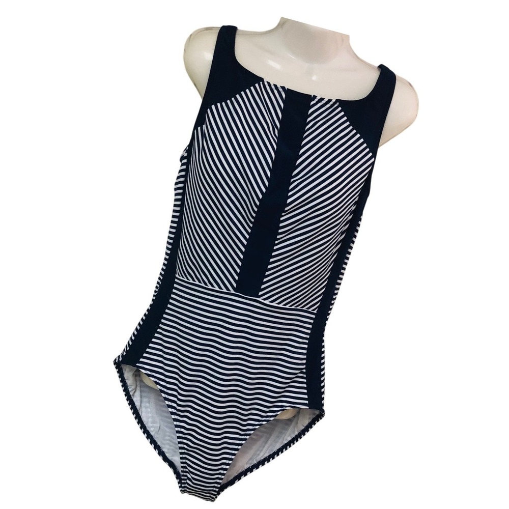 NWOT Talbots Swimsuit Navy Striped 1 PC Modest Nautical‎ Minimalist  Womens 14